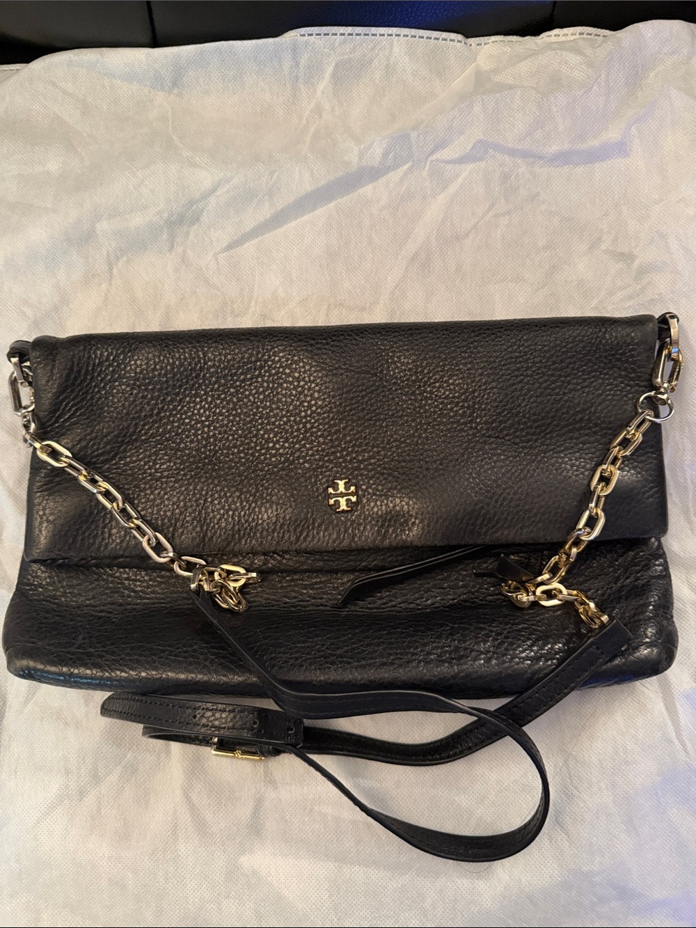 Tory Burch Black Pebbled Leather Foldover Crossbody with Gold Chain